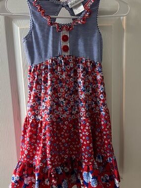 Jona Michelle Girls 7 Patriotic Red Floral Dress Striped Bodice Ruffle Neck